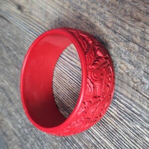 Vintage Red Cinnabar Carved Phoenix And Dragon Bangle Bracelet